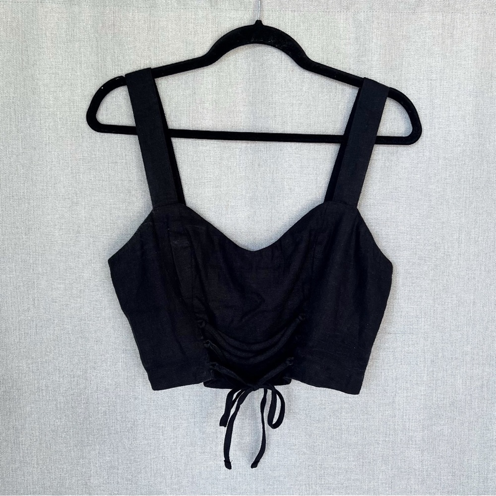 NWOT Abercrombie & Fitch Black Lace-Up Crop Top Linen Sweetheart Neckline M